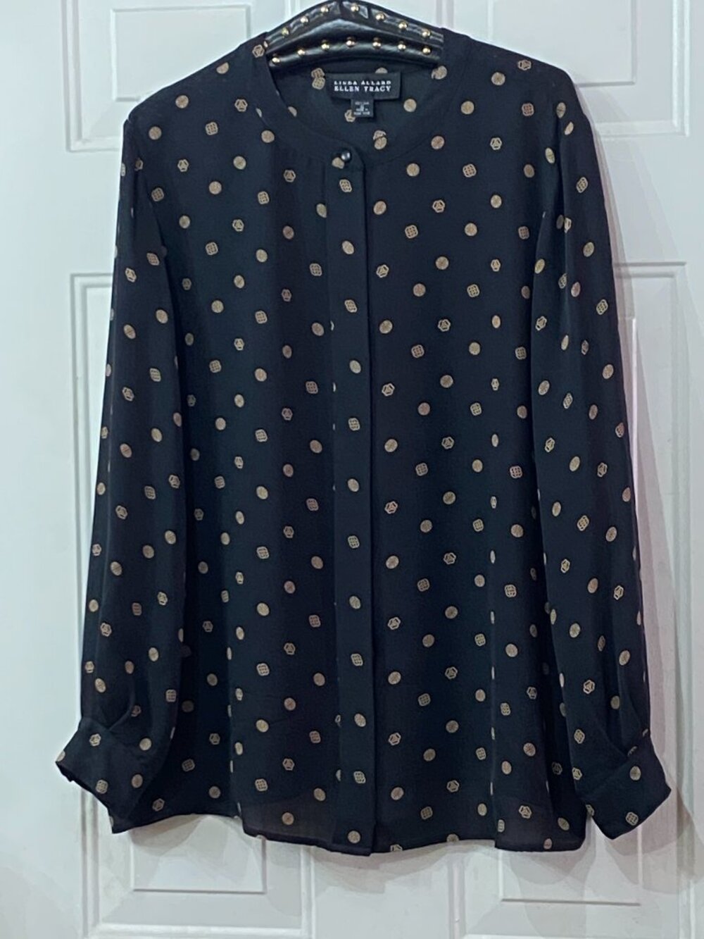 VTG Linda Allard Ellen Tracy Sz 14 (L) Silk Blouse Shirt Long Sleeve Black/Tan
